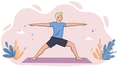 Caucasian man doing warrior 2 yoga pose. Colorful illustration vector