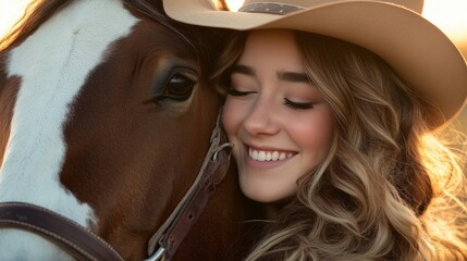 Woman smiling close to horse at sunset wearing cowboy hat, enjoying equestrian life, bond between human and animal, peaceful rural setting, outdoor companionship.