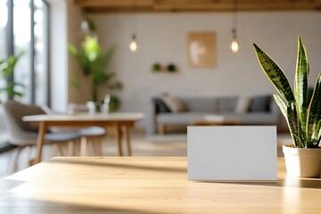 A banner with vacant space rests on a tabletop in the foreground of this stock photo, with a sleek modern living room appearing in the background.