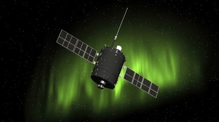 Satellite Orbiting Earth with Vibrant Green Aurora Borealis Illuminating the Night Sky in Stunning Space Scene