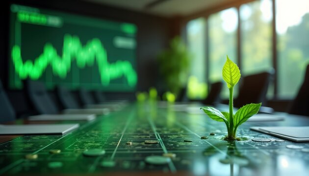 Business people discuss carbon credit strategies in boardroom. Young plant sprouts on conference table green investment, eco-conscious solutions. Meeting involves eco-friendly initiatives. Negotiate