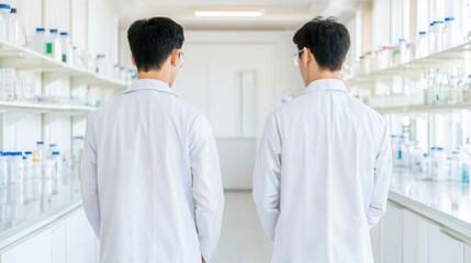 Two scientists in white lab coats standing side by side in a modern laboratory, showcasing collaborative research and innovation in a bright workspace