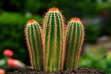 Vibrant Green Cactus with Orange Spines in Natural Outdoor Garden Setting