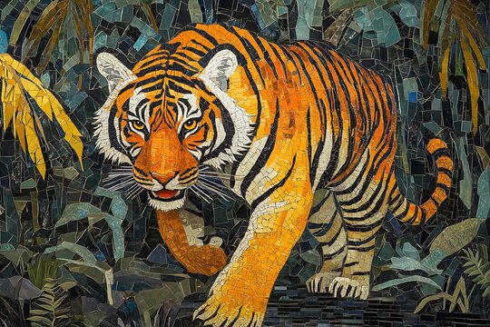 A striking mosaic of a tiger, showcasing vibrant orange and black patterns amidst lush greenery.