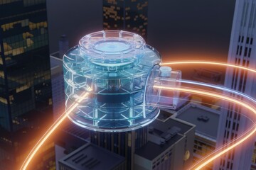 Futuristic transparent device above city skyline, connected by glowing orange energy streams.
