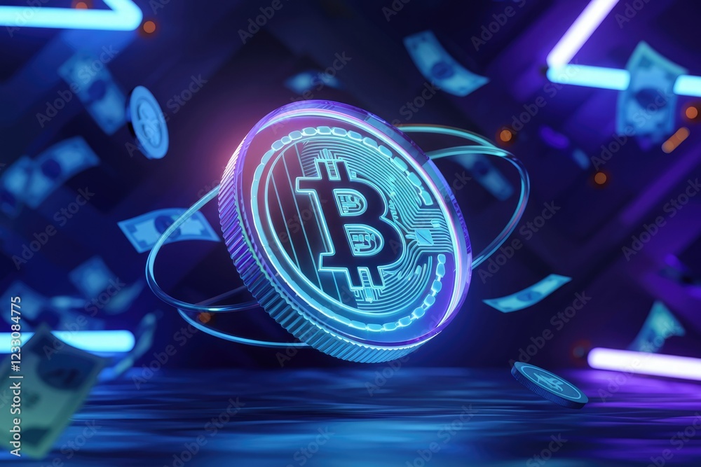 Poster Glowing Bitcoin cryptocurrency coin with neon lights and falling money symbolizes digital finance and blockchain technology.