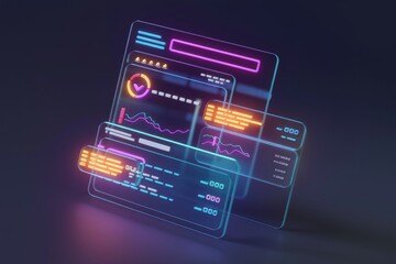 Neon-lit futuristic interface displays data charts, graphs, and numerical information.