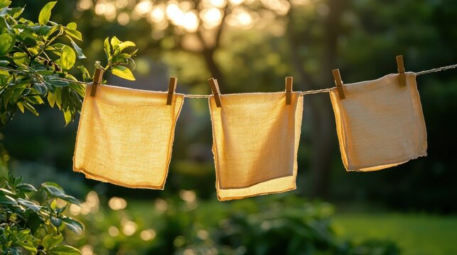 Cloths drying on backyard clothesline at sunset