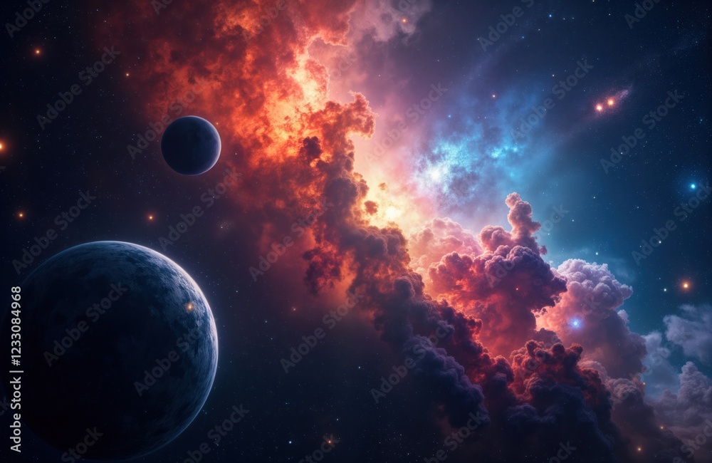 Wall mural vast space view shows colorful nebula clouds with planets. cosmic scene filled with stars, galaxies.