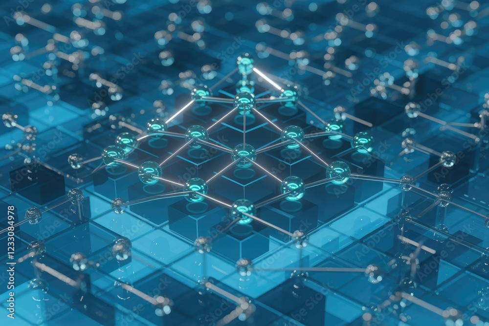 Poster Abstract 3D rendering of interconnected nodes forming a network structure, showcasing complex data systems and connections.