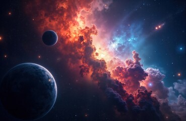 Vast space view shows colorful nebula clouds with planets. Cosmic scene filled with stars, galaxies. Awesome view of cosmos. Imaginative abstract space art with vibrant colors. Celestial display