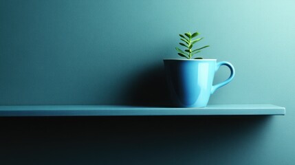 Minimalistic Composition Featuring a Blue Cup with a Green Plant Against a Soft Textured Background in Calm and Inviting Light
