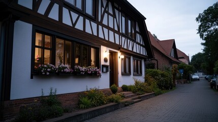 Obraz premium Twilight street view of a charming half-timbered house