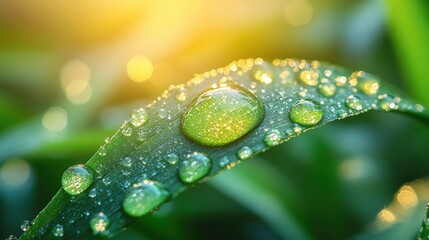 Dewy wheat grains capture morning sunlight on green stalk