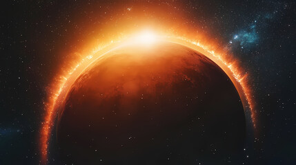 Obraz premium Mars with a bright galaxy arching overhead, stars creating a cosmic halo effect mars stars galaxy, celestial halo. Stellar Arch. Illustration