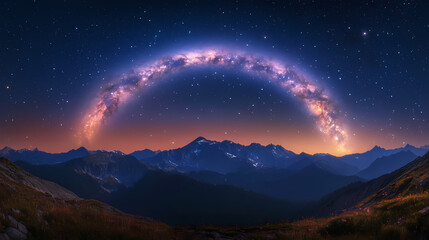 Milky way arch over mountains: a breathtaking night sky panorama captured with a vibrant arch of the milky way galaxy illuminating the landscape. Stellar Arch. Illustration