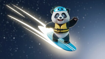 Naklejka premium Adorable panda bear surfing with life vest and helmet, creating a fun and energetic image.