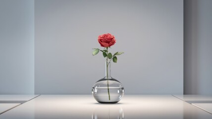 Fototapeta premium A single red rose elegantly placed in a clear glass vase on a minimalist white background.