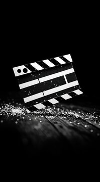 Grungy film clapperboard on dark wood.