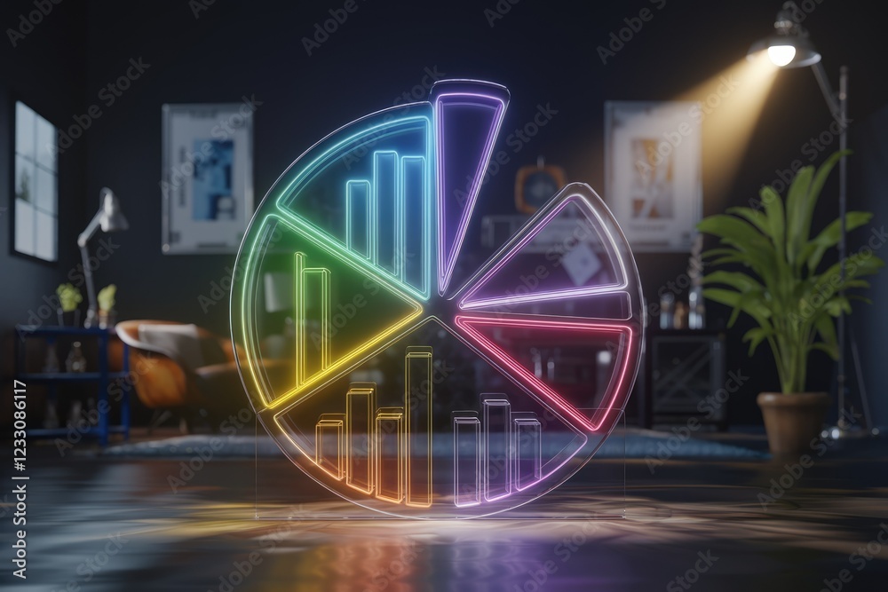 Poster Neon pie chart with bar graphs segments, displayed in a modern room setting.