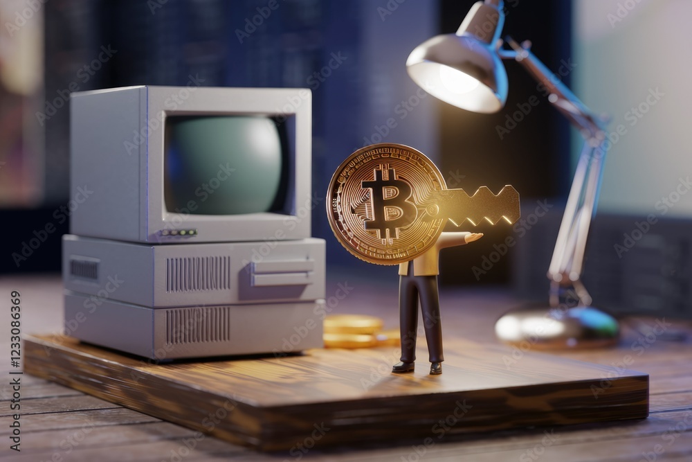 Poster bitcoin key held by a miniature figure near a retro computer, symbolizing early cryptocurrency adopt