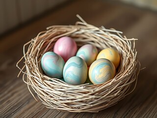 Obraz premium Pastel Easter Eggs in Bird Nest - Vibrant AI Art