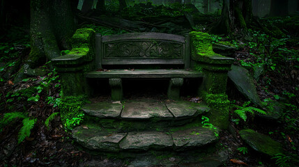 Mossy stone bench in jungle, misty background, serene scene, meditation