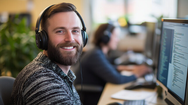 Software Engineer Working in Modern Open Office Environment