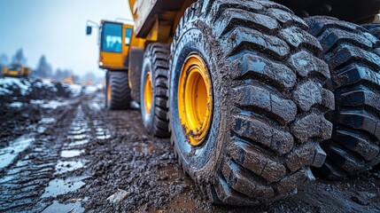 Large industrial tires stacked at construction site with bright yellow excavator nearby
