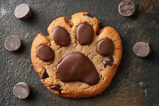 Delicious chocolate chip cookie shaped like a paw print, surrounded by chocolate chips.