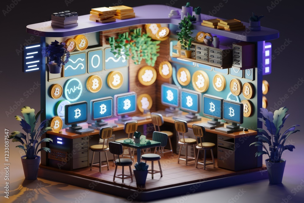 Poster A stylized 3D rendering of a Bitcoin mining operation, showing multiple computers and cryptocurrency symbols.
