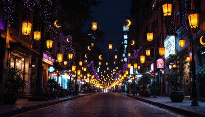 Night Street Scene with Festive Lighting and Crescent Moons
