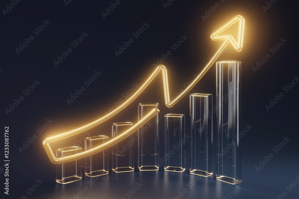 Poster glass bar graph with a glowing arrow pointing upwards, illustrating growth and success.
