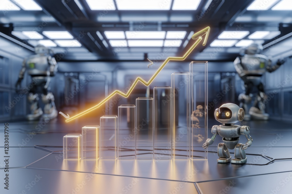 Poster Robots and rising growth chart in futuristic setting showing technological advancements and increased productivity.