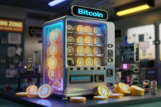 A Bitcoin vending machine dispenses cryptocurrency coins, showcasing digital currency accessibility and futuristic finance.