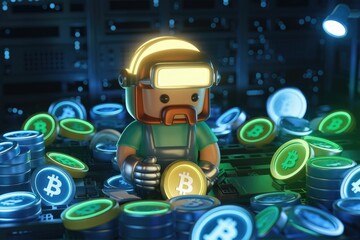 A 3D rendering of a miner meticulously handling Bitcoin, surrounded by glowing cryptocurrency coins in a server room.