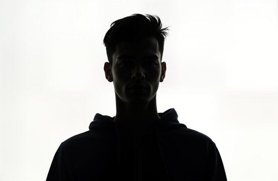 Anonymous young adult male silhouette. Studio portrait. Front view. Isolated on white background. Backlit. Dramatic, incognito style. Potential use for mystery criminal themes in commercial,
