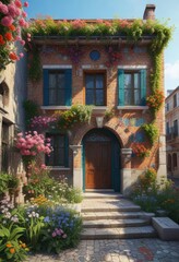 Obraz premium Colorful mosaic tile canal house with blooming flowers and vines, exterior decorating, canal house, summer house