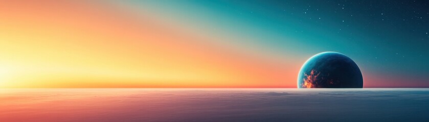 Obraz premium Beautiful cosmic landscape featuring a vibrant sunset blending with serene ocean waves and a distant planet in a clear twilight sky