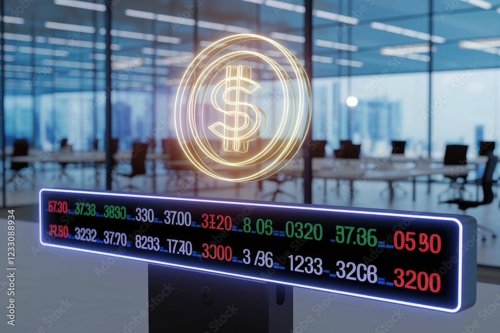 Poster a glowing dollar sign hovers over a stock ticker displaying fluctuating numbers in a modern office s