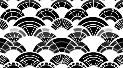 Black, gray and white geometric arcs repeating pattern.