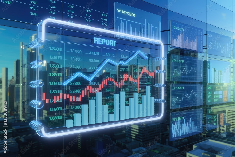 Aufkleber financial report showcasing upward trend, visualized with bar and line graphs against city backdrop.