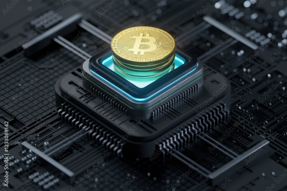 Poster bitcoin cryptocurrency coins stacked on a futuristic computer chip, symbolizing digital currency and