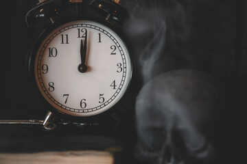 Midnight’s Final Hour – Clock, Skull, and Rising Smoke. New Year's Eve