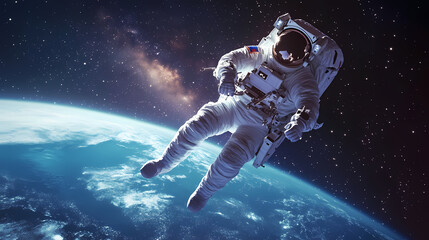 Fototapeta premium An astronaut gracefully floating in zero gravity above the blue and green earth, the milky way arching across the star-filled sky in the background, soft cosmic light. Stellar Arch. Illustration