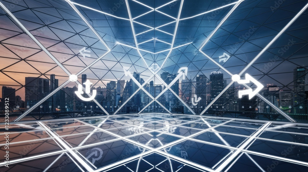Poster futuristic cityscape with glowing network connections and upward trending arrows symbolizing growth 