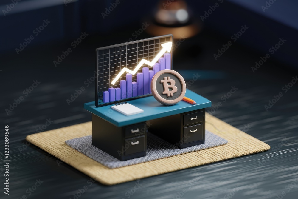 Aufkleber bitcoin price rising, shown on a desk with a graph indicating growth and potential investment opport