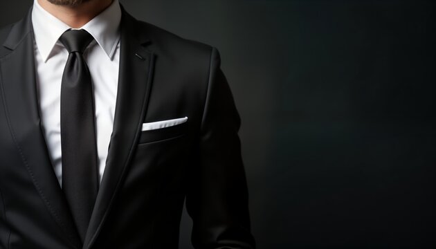 Man in black suit, tie. Close-up shot. Dark background. Formal style. Elegant look. Pro outfit. Stylish design. Executive, corporate image. Poised, authoritative man. Prestigious image. Business