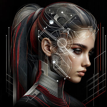 High-tech girl. Concept of AI of the future, wearable AI devices. Cybernetic of the future.