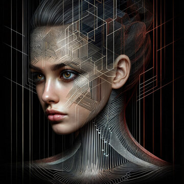 High-tech girl. Concept of AI of the future, wearable AI devices. Cybernetic of the future.